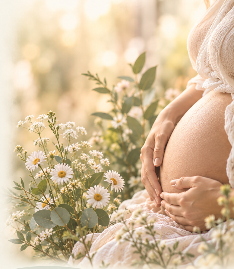 Soft, warm botanical artwork of a pregnant woman gently holding her belly